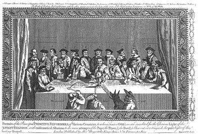 "Reformationens lys er tændt": Møde mellem protestantiske reformatorer fra forskellige lande, graveret af Lodge af English School